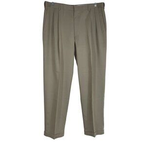 HAGGAR - MEN'S 40X32 - STONE TWO TONE HERRINGBONE PLEATED CUFFED DRESS PANTS